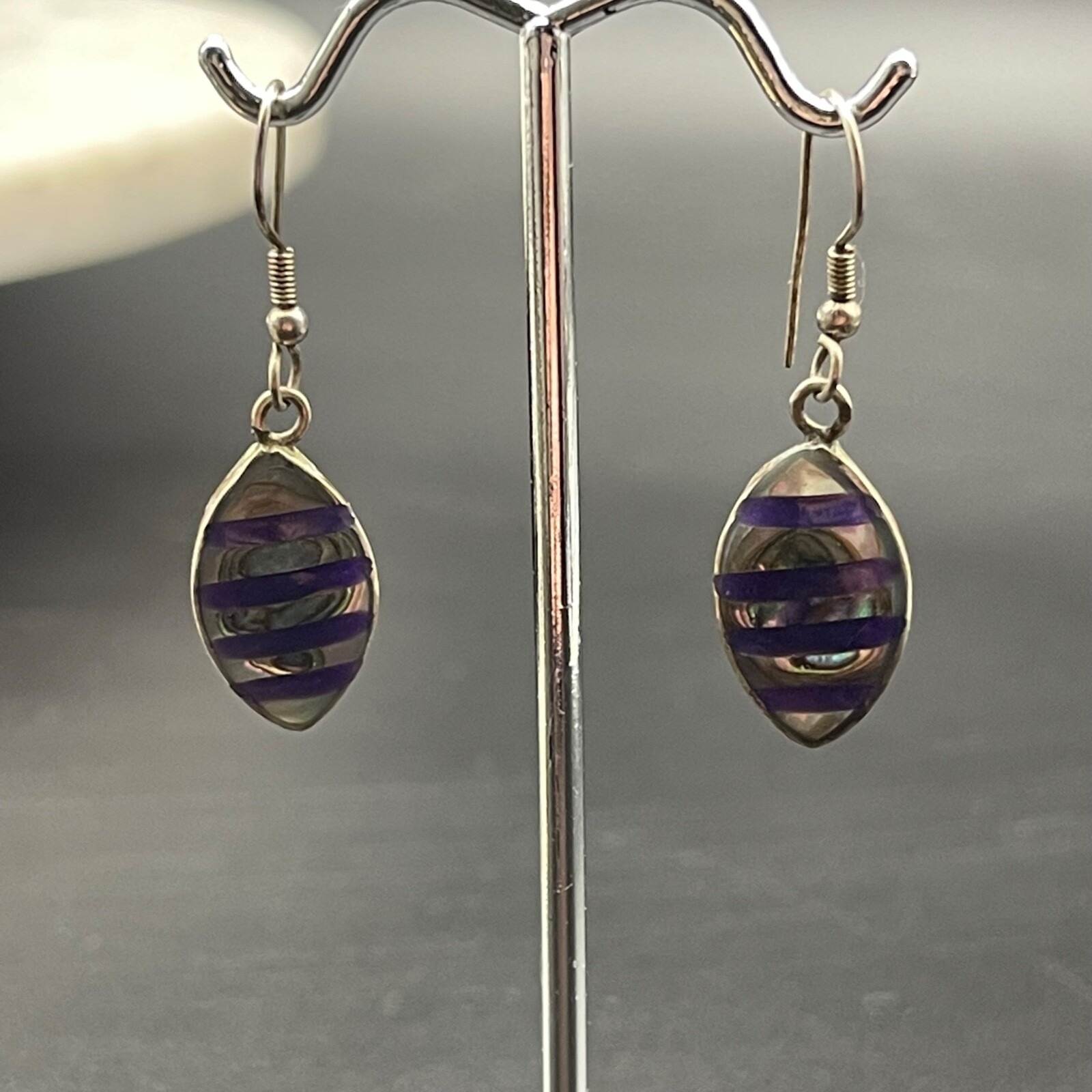 Vintage Alpaca Mexico Earrings Silver Tone Abstrac Inlay Abalone Mother Of Pearl